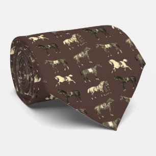 Elegant Vintage Brown Beige Saddled Horses Neck Tie