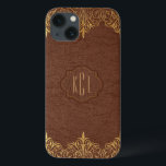 Elegant Vintage Brown Leather Gold Accents iPhone 13 Case<br><div class="desc">Elegant vintage brown tones faux leather look with golden tones floral lace accents. Customizable monogram is optional.</div>