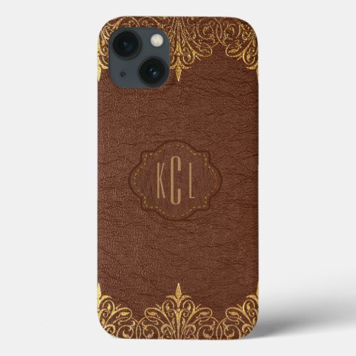 Elegant Vintage Brown Leather Gold Accents iPhone 13 Case