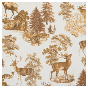 Elegant Vintage Brown Toile Deer Woodland Fabric
