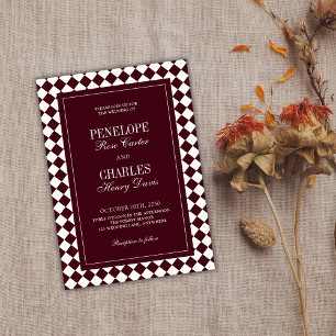 Elegant Vintage Burgundy Checkered Formal Wedding Invitation