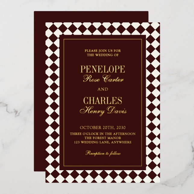 Elegant Vintage Burgundy Checkered Wedding Gold Foil Invitation (Front/Back)