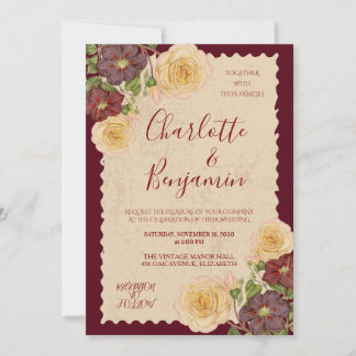 Elegant Vintage Burgundy Floral Wedding Invitation
