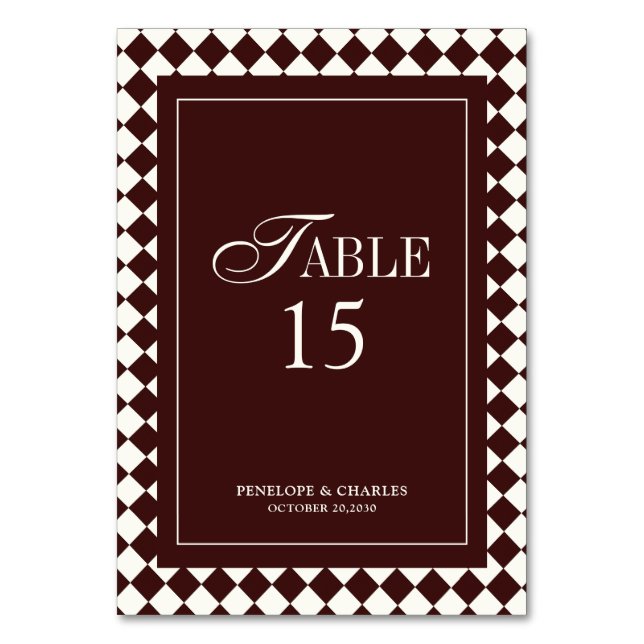 Elegant Vintage Burgundy Formal Wedding Table Number (Front)