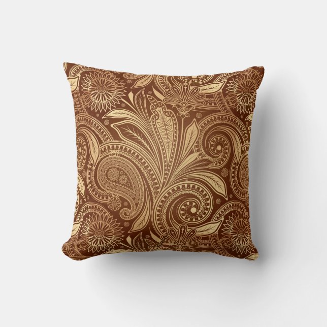 Elegant Vintage Burgundy Gold Paisley Throw Pillow (Front)