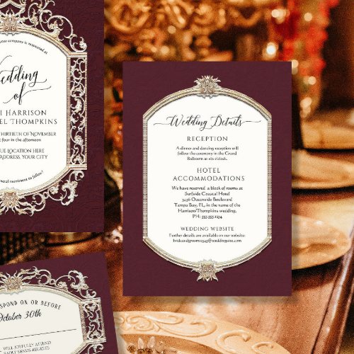 Elegant Vintage Burgundy Gold Wedding Details Invitation