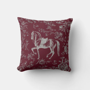 Elegant Vintage Burgundy Gray Horse Floral Pattern Throw Pillow