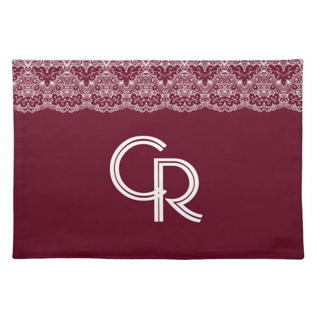 Elegant Vintage Burgundy Maroon White Lace Cloth Placemat (Front)