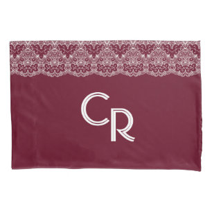 Elegant Vintage Burgundy Maroon White Lace Pillow Case