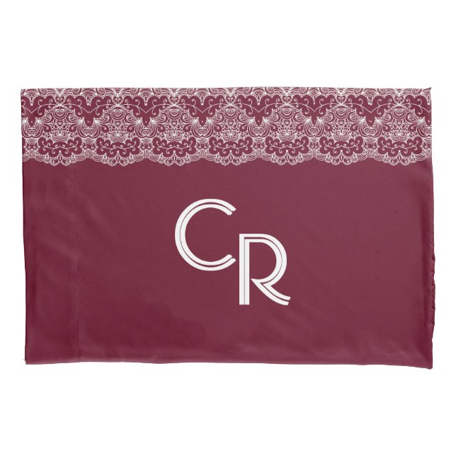 Elegant Vintage Burgundy Maroon White Lace Pillow Case (Front)