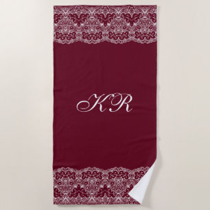 Elegant Vintage Burgundy White Lace Personalized Beach Towel