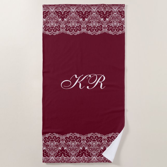 Elegant Vintage Burgundy White Lace Personalized Beach Towel (Front)