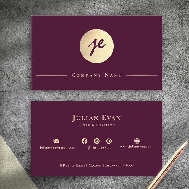 Elegant Vintage Burgundy Wine Gold Script Monogram Business Card (Elegant Vintage Burgundy Wine Gold Script Monogram Business Card)