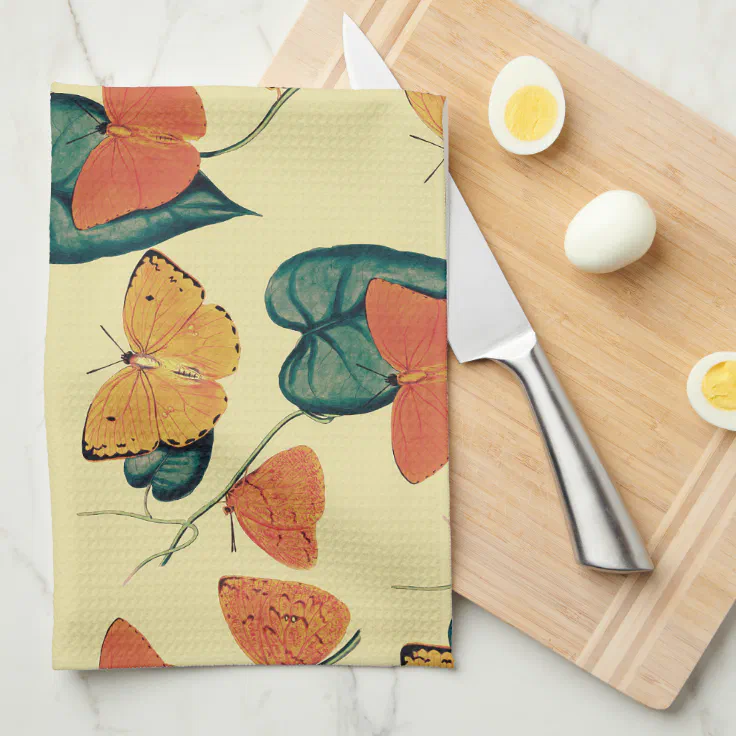 Elegant Vintage Butterflies and Leaves Pattern Kitchen Towel Zazzle