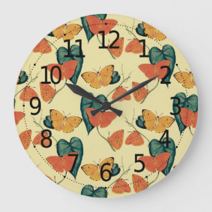 Elegant Vintage Butterflies and Leaves Pattern Large Clock