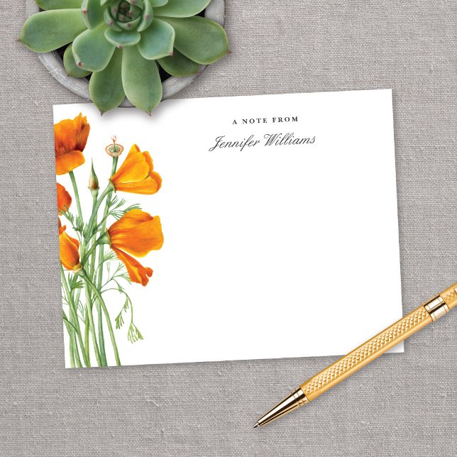 Elegant Vintage California Poppy Floral w/ Name Note Card (Creator Uploaded)