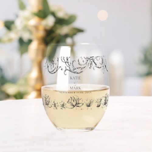 Elegant Vintage Calligraphy Script Wedding  Stemless Wine Glass