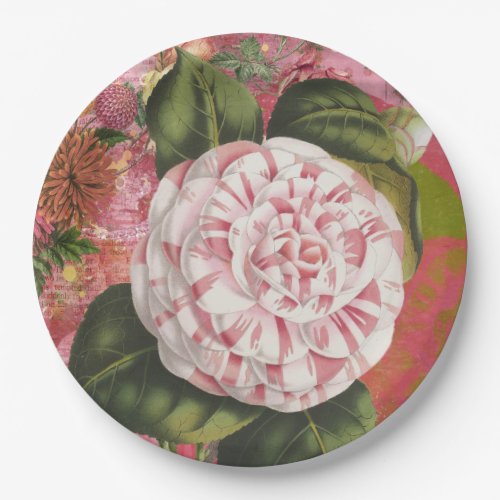 Elegant Vintage Camellia Floral Collage Paper Plates