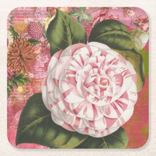 Elegant Vintage Camellia Floral Collage Square Paper Coaster