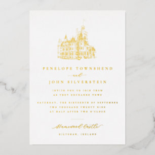 Elegant Vintage Castle Illustration Gold Wedding Foil Invitation