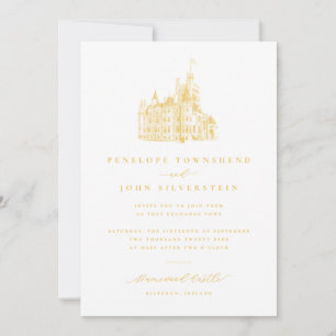 Elegant Vintage Castle Illustration Gold Wedding Invitation