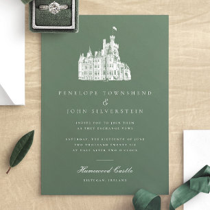 Elegant Vintage Castle Illustration Green Wedding Invitation
