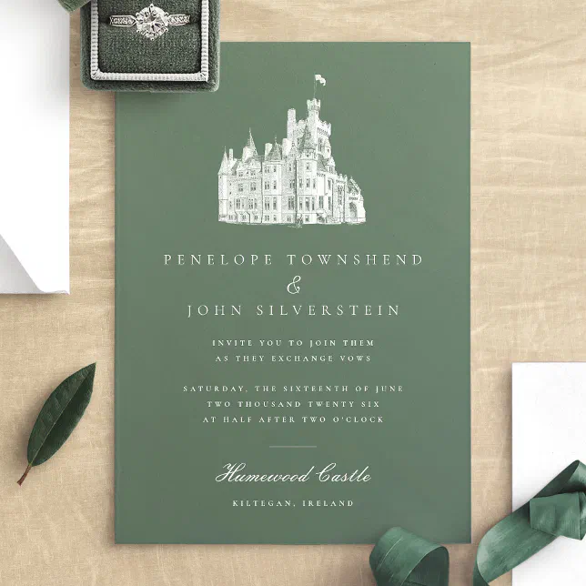 Elegant Vintage Castle Illustration Green Wedding Invitation | Zazzle