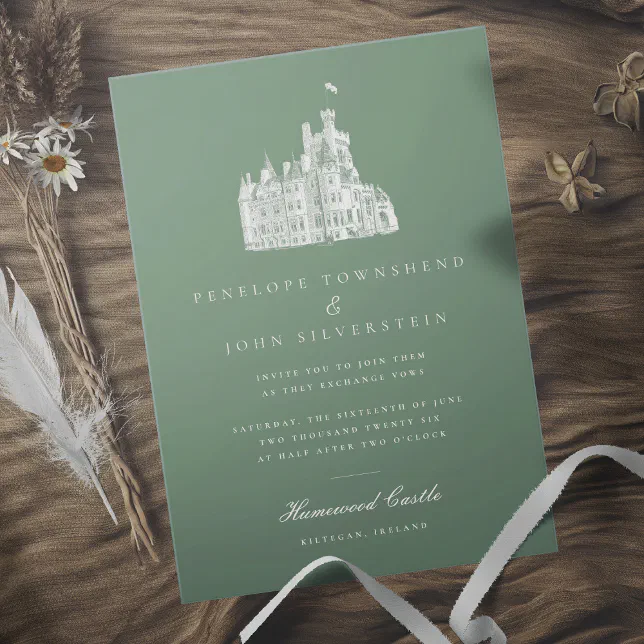 Elegant Vintage Castle Illustration Green Wedding Invitation | Zazzle