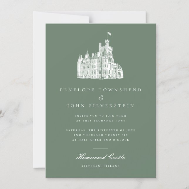 Elegant Vintage Castle Illustration Green Wedding Magnetic Invitation (Front)