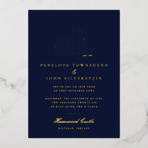 Elegant Vintage Castle Illustration Navy Wedding Foil Invitation