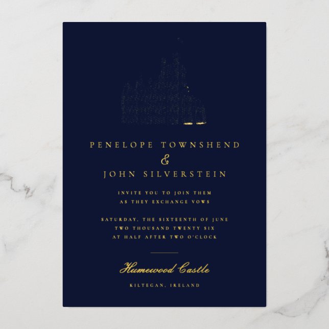 Elegant Vintage Castle Illustration Navy Wedding Foil Invitation (Front)