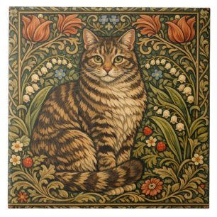 Elegant vintage cat floral botanical ceramic tile