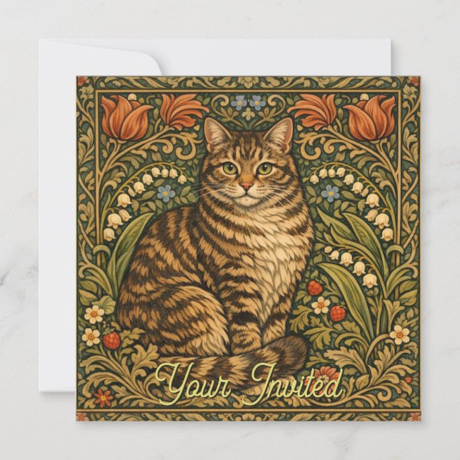 Elegant vintage cat floral botanical invitation (Front)