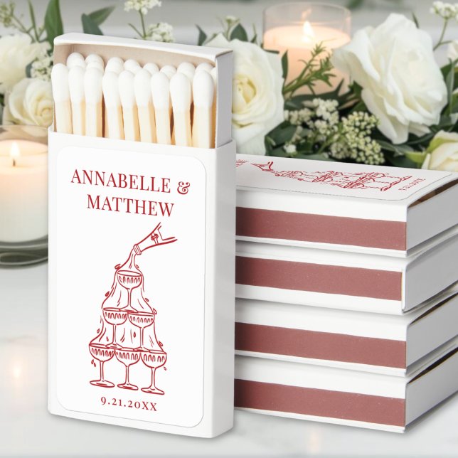 Elegant Vintage Champagne Tower Red Sketch Wedding Matchboxes (Elegant Vintage Champagne Tower Red Sketch Wedding Matchboxes)