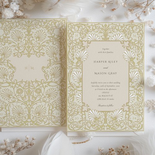 Elegant Vintage Champagne White Floral Wedding Invitation