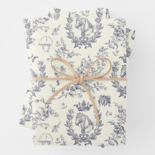 Elegant Vintage Chic Blue Equestrian Floral Toile Wrapping Paper Sheets