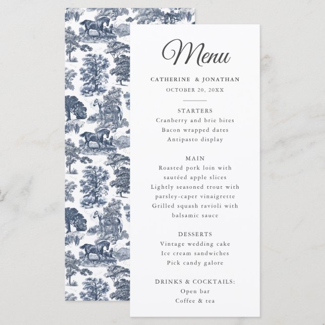 Elegant Vintage Chic Blue Horse Toile Menu (Front/Back)