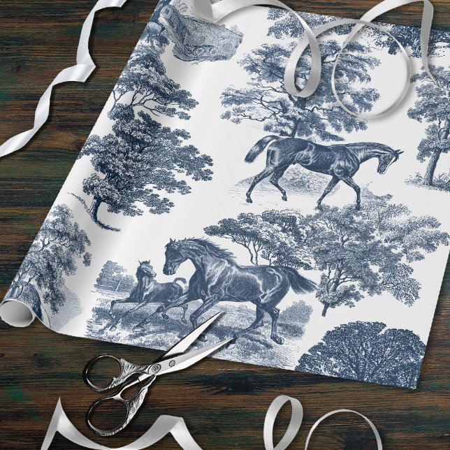 Elegant Vintage Chic Blue Horse Toile Wedding Wrapping Paper (Creator Uploaded)