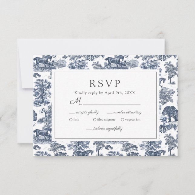 Elegant Vintage Chic Blue Toile Horse RSVP Card (Front)