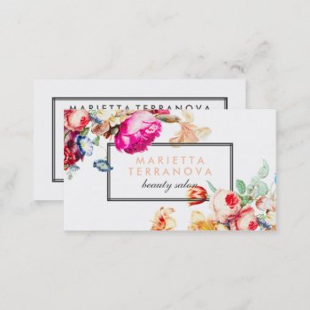 Elegant Vintage Chic Floral Striped Beauty Salon Business Card by busied at Zazzle