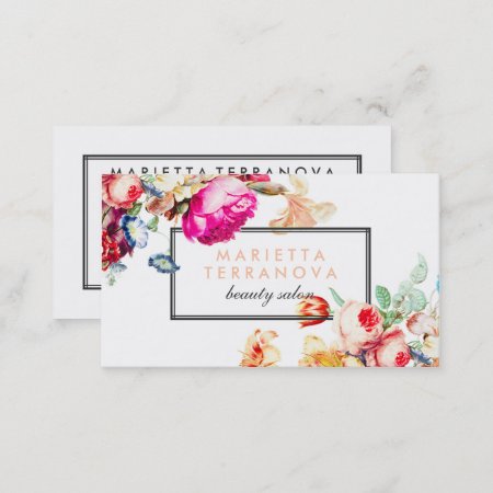 Elegant Vintage Chic Floral Striped Beauty Salon Business Card