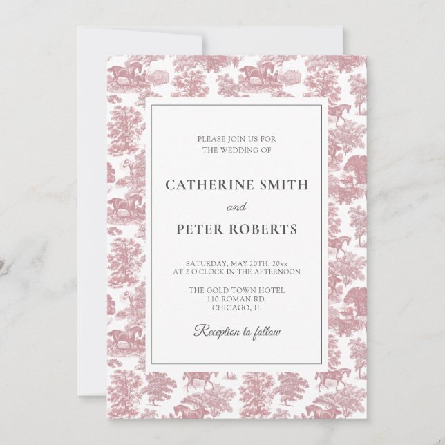 Elegant  Vintage Chic Pink Horse Toile Wedding Invitation (Front)