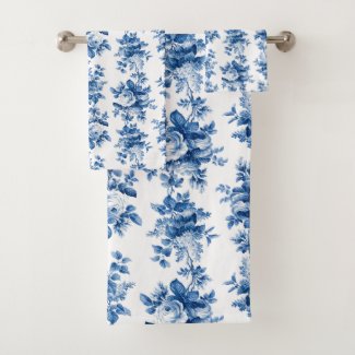 Elegant Vintage China Blue Roses Bath Towel Set