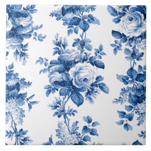 Elegant Vintage China Blue Roses Ceramic Tile