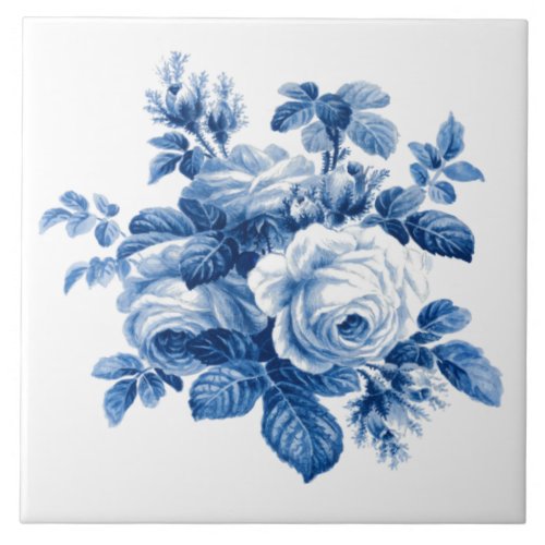 Elegant Vintage China Blue Roses Ceramic Tile