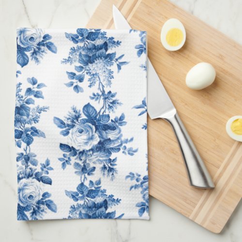 Elegant Vintage China Blue Roses Kitchen Towel