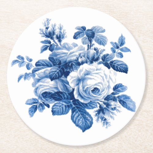 Elegant Vintage China Blue Roses Round Paper Coaster