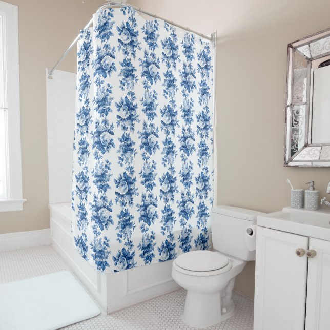 Elegant Vintage China Blue Roses Shower Curtain (In Situ)