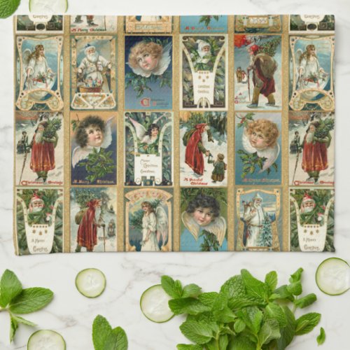 Elegant Vintage Christmas Cards wGold Borders Kitchen Towel