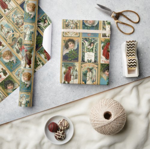 Elegant Vintage Christmas Cards wGold Borders Wrapping Paper